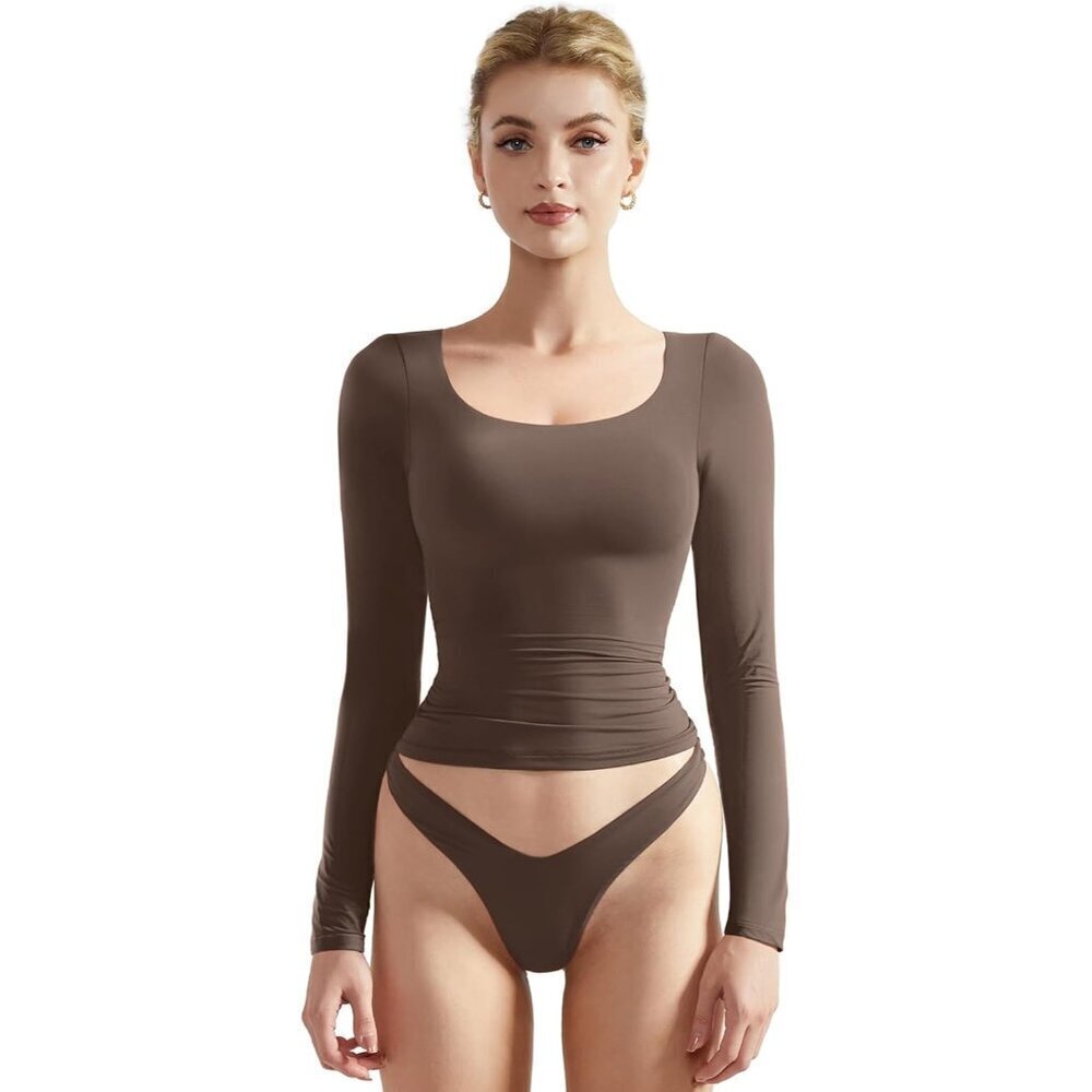 Women Fitted Cropped T Shirt Long Sleeve Scoop Neck Soft Breathable
